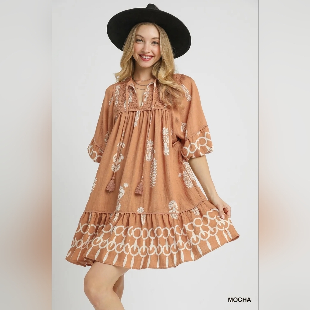 Umgee Boarder Print Tassel Tie Neck Mini Dress